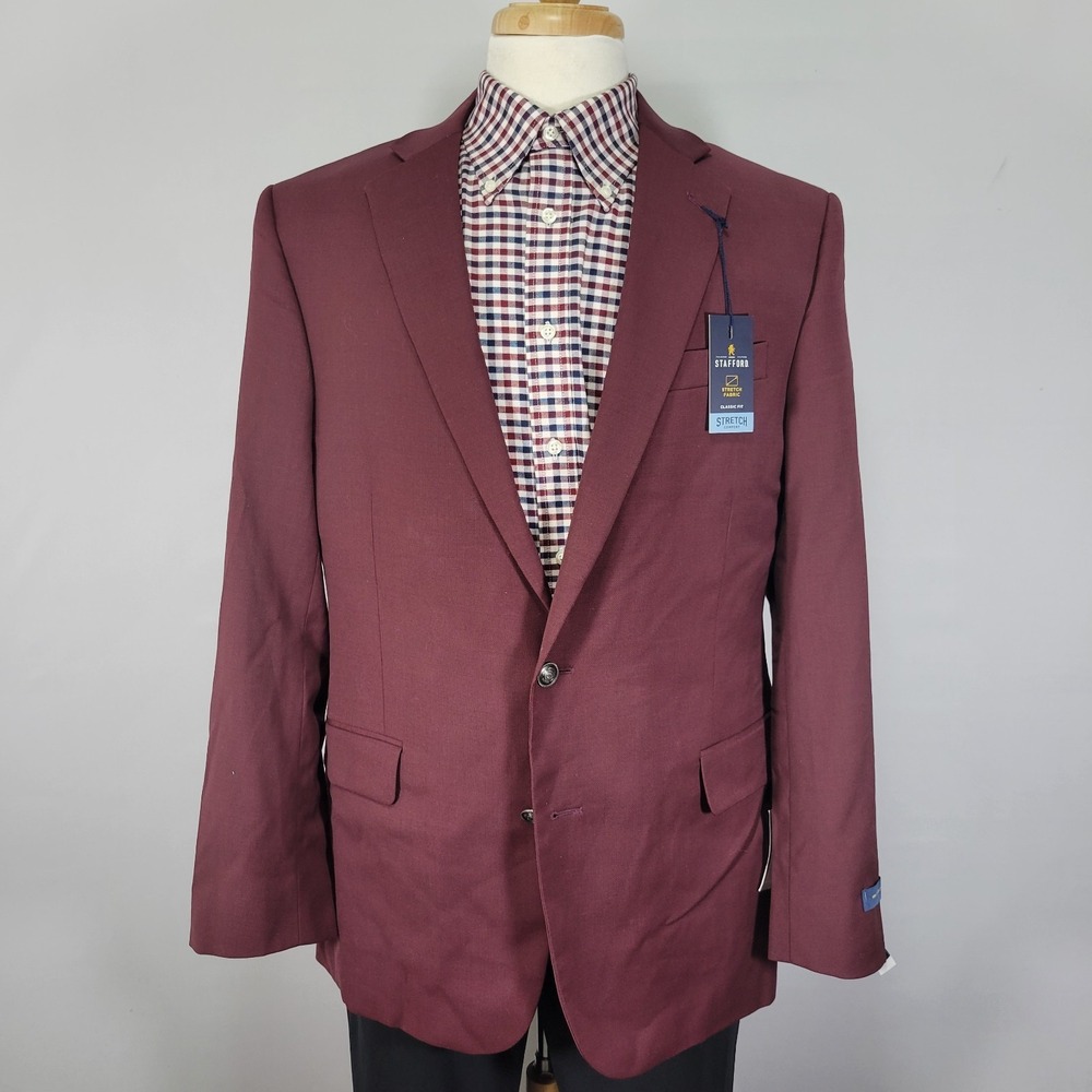 Stafford Men's Sport Coat Blazer Two Button Burgundy Hopsack Wool Blend 44R NEW